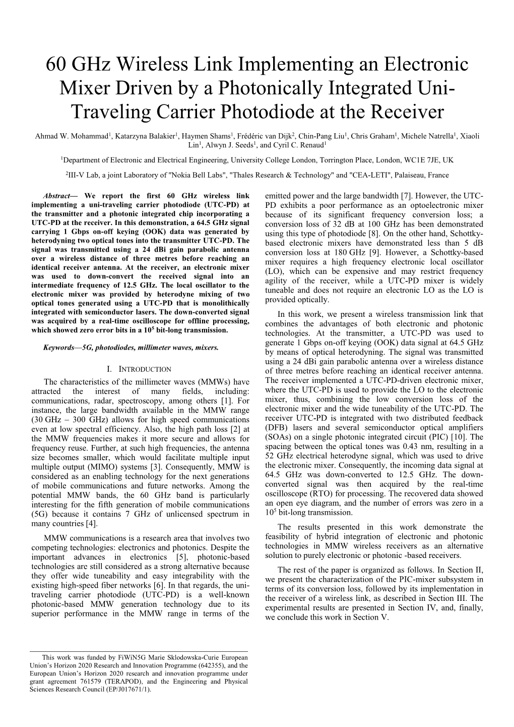 60 Ghz Wireless Link Implementing an Electronic Mixer Driven by a Photonically Integrated Uni- Traveling Carrier Photodiode at the Receiver