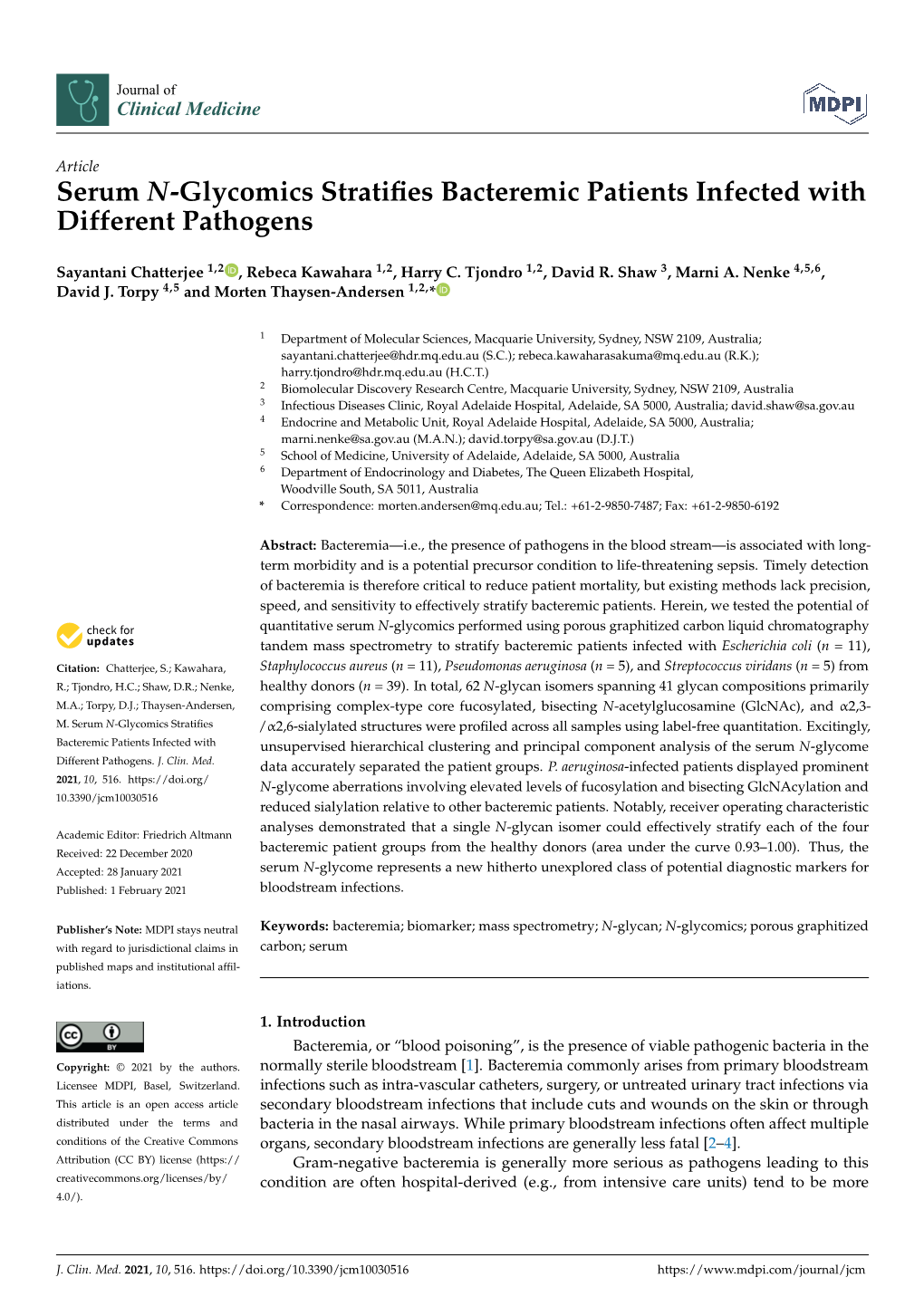 Serum N-Glycomics Stratifies Bacteremic Patients Infected With