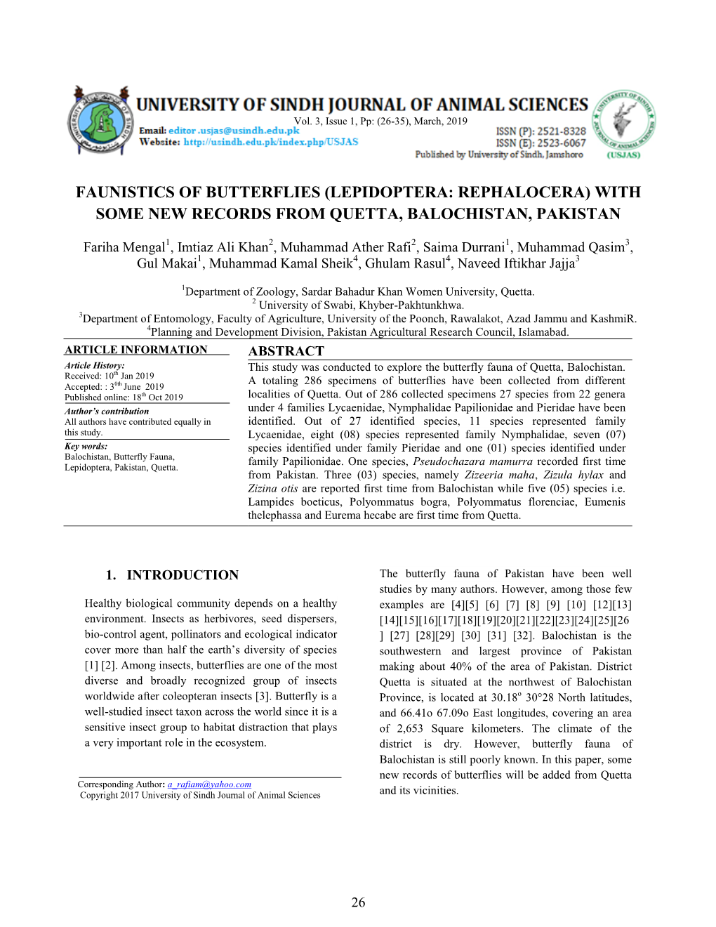 Faunistics of Butterflies (Lepidoptera: Rephalocera) with Some New Records from Quetta, Balochistan, Pakistan