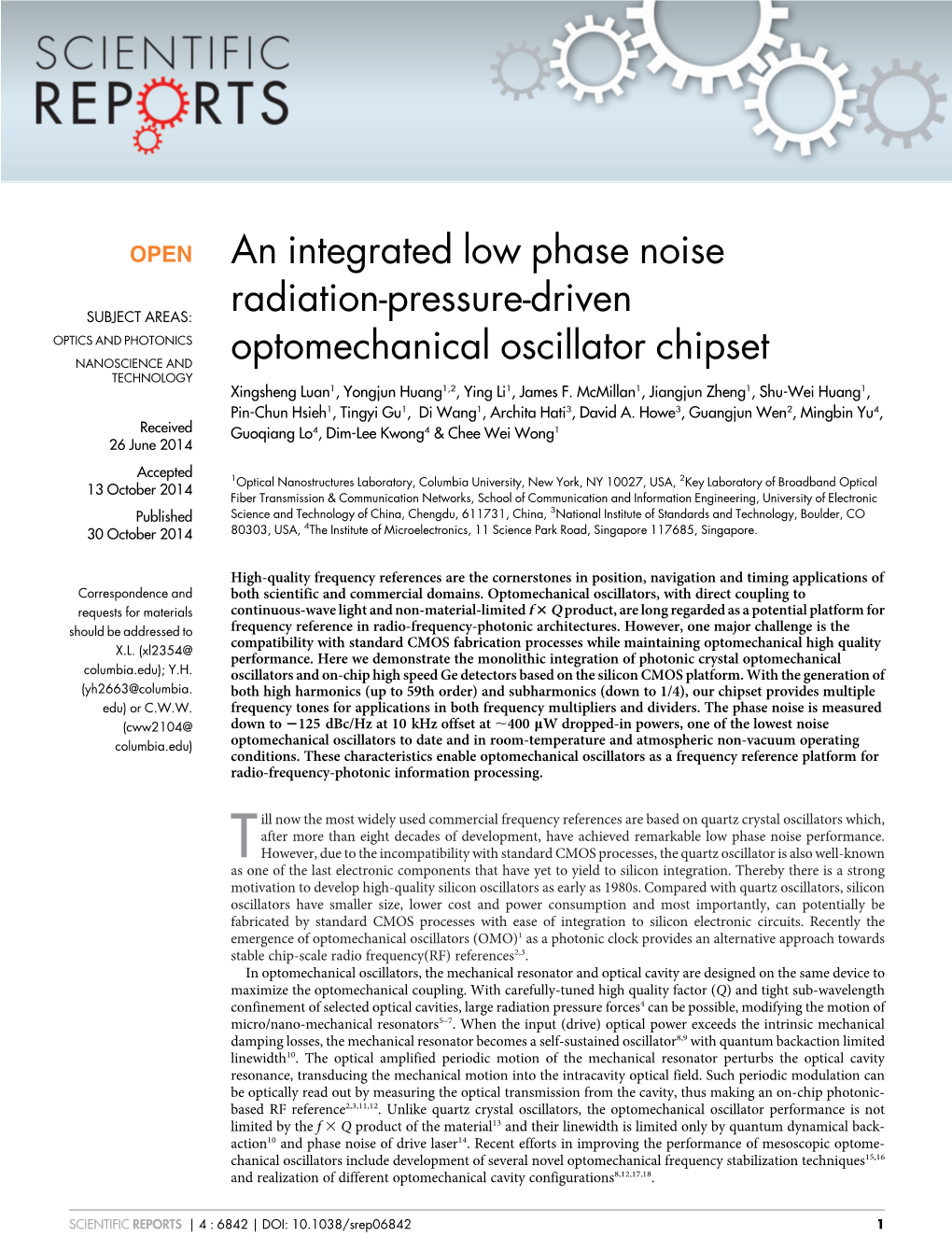 An Integrated Low Phase Noise Radiation-Pressure-Driven Optomechanical Oscillator Chipset