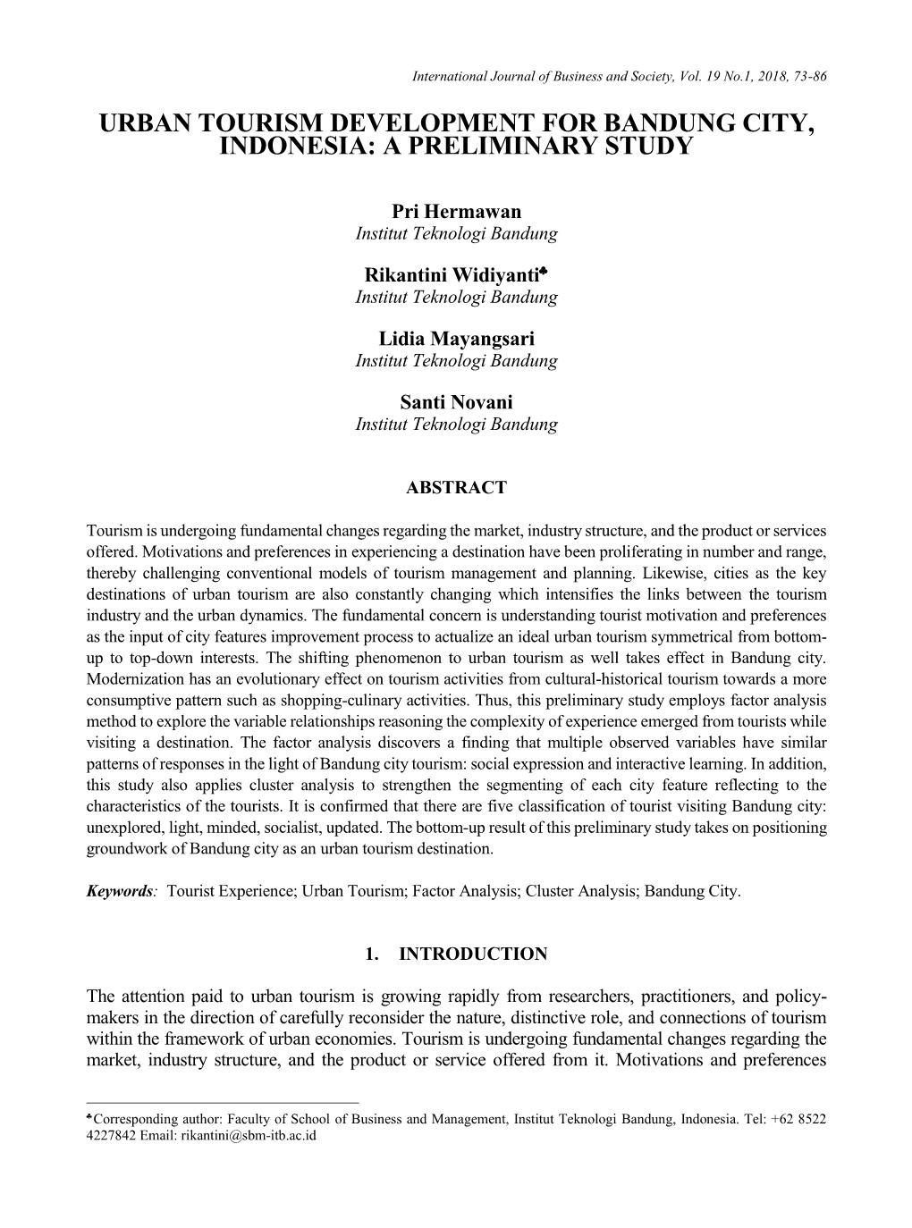 Urban Tourism Development for Bandung City, Indonesia: a Preliminary Study