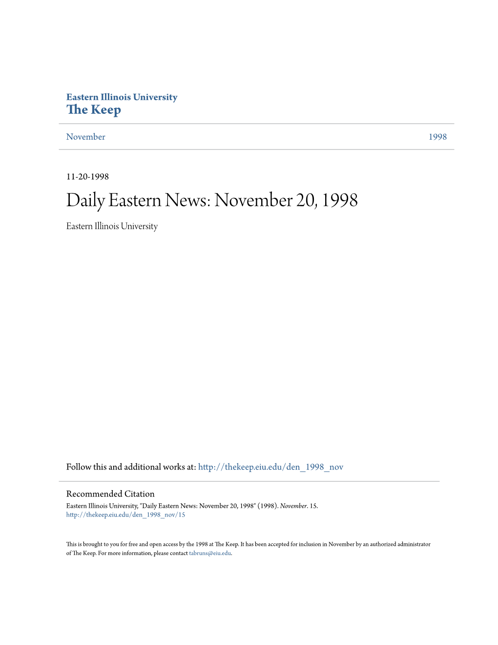 Daily Eastern News: November 20, 1998 Eastern Illinois University