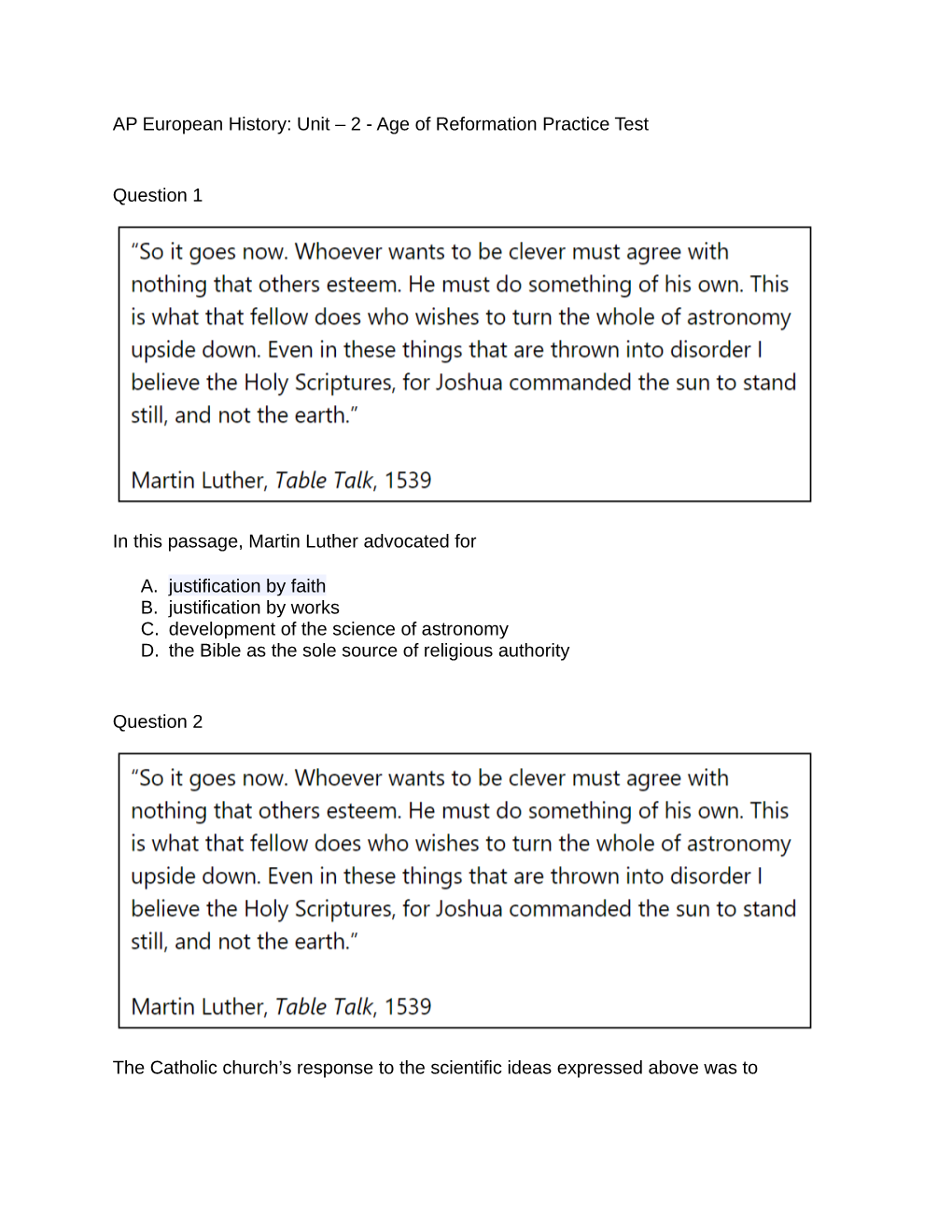 AP European History: Unit – 2 - Age of Reformation Practice Test