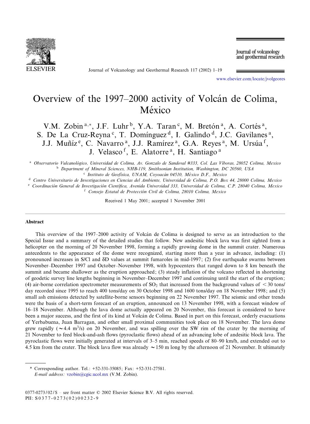 Overview of the 1997^2000 Activity of Volca¤N De Colima, Me¤Xico