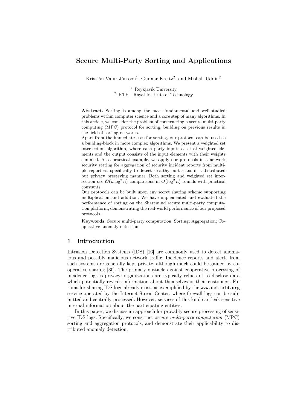 Secure Multi-Party Sorting and Applications