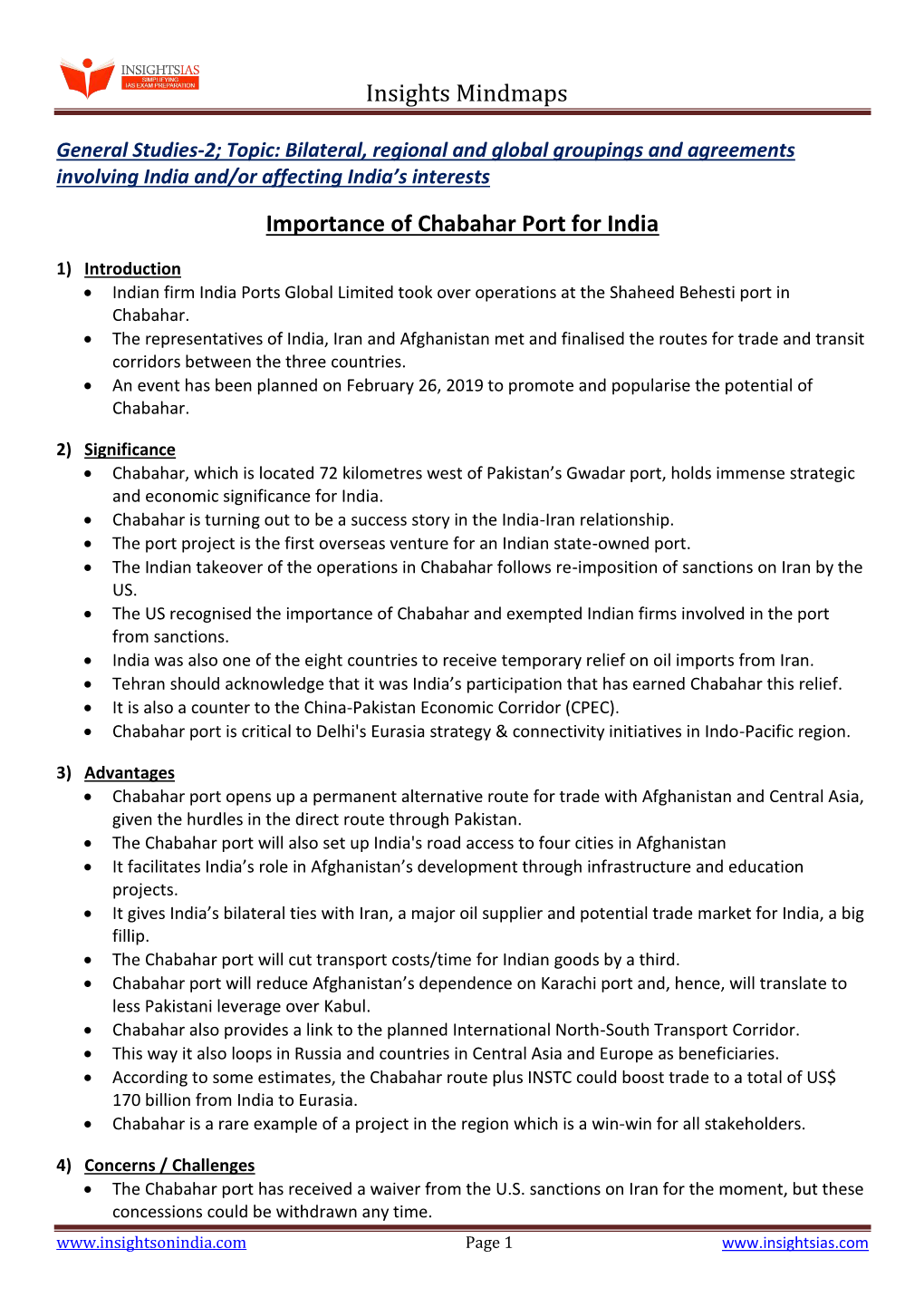 Importance of Chabahar Port for India