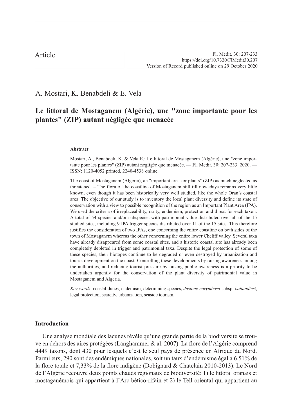 A. Mostari, K. Benabdeli & E. Vela Le Littoral De Mostaganem (Algérie)