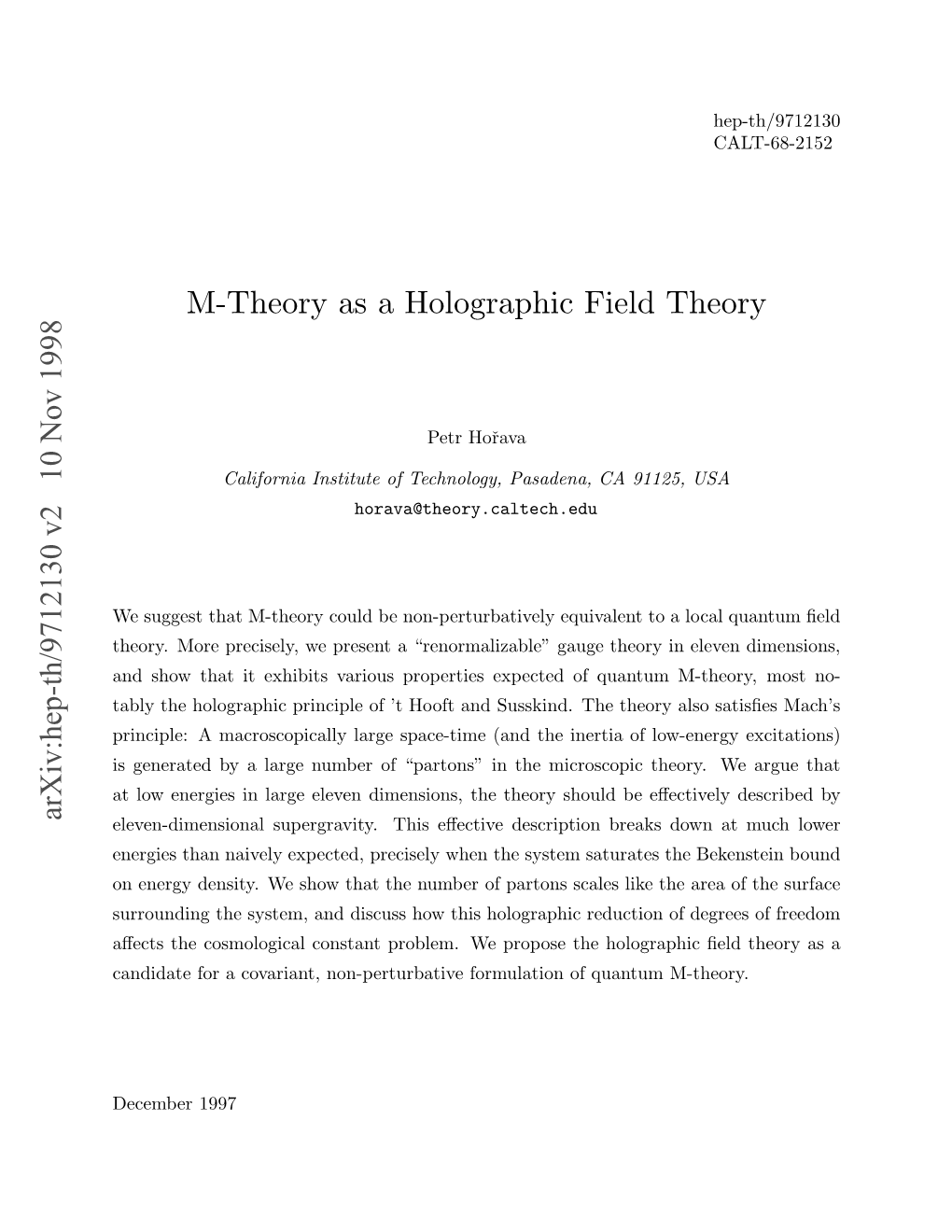 M Theory As a Holographic Field Theory