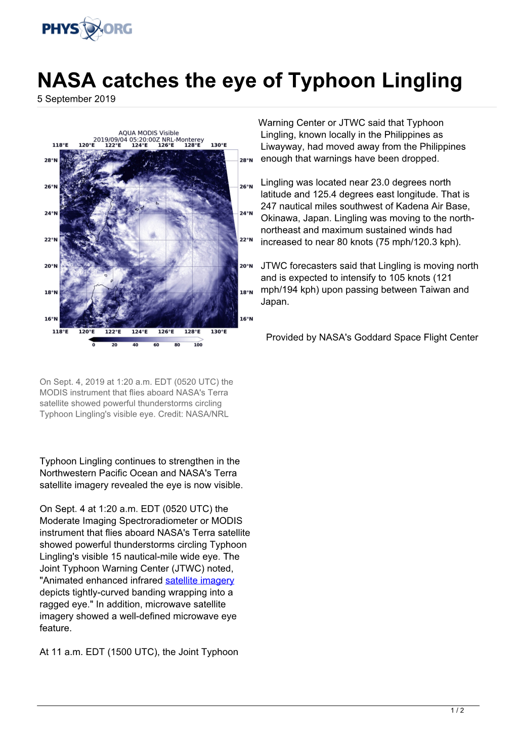 NASA Catches the Eye of Typhoon Lingling 5 September 2019