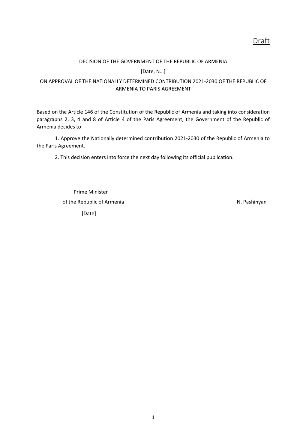 Nationally Determined Contribution 2021-2030 of the Republic of Armenia to Paris Agreement