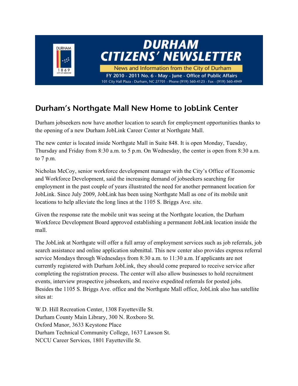 Durham's Northgate Mall New Home to Joblink Center