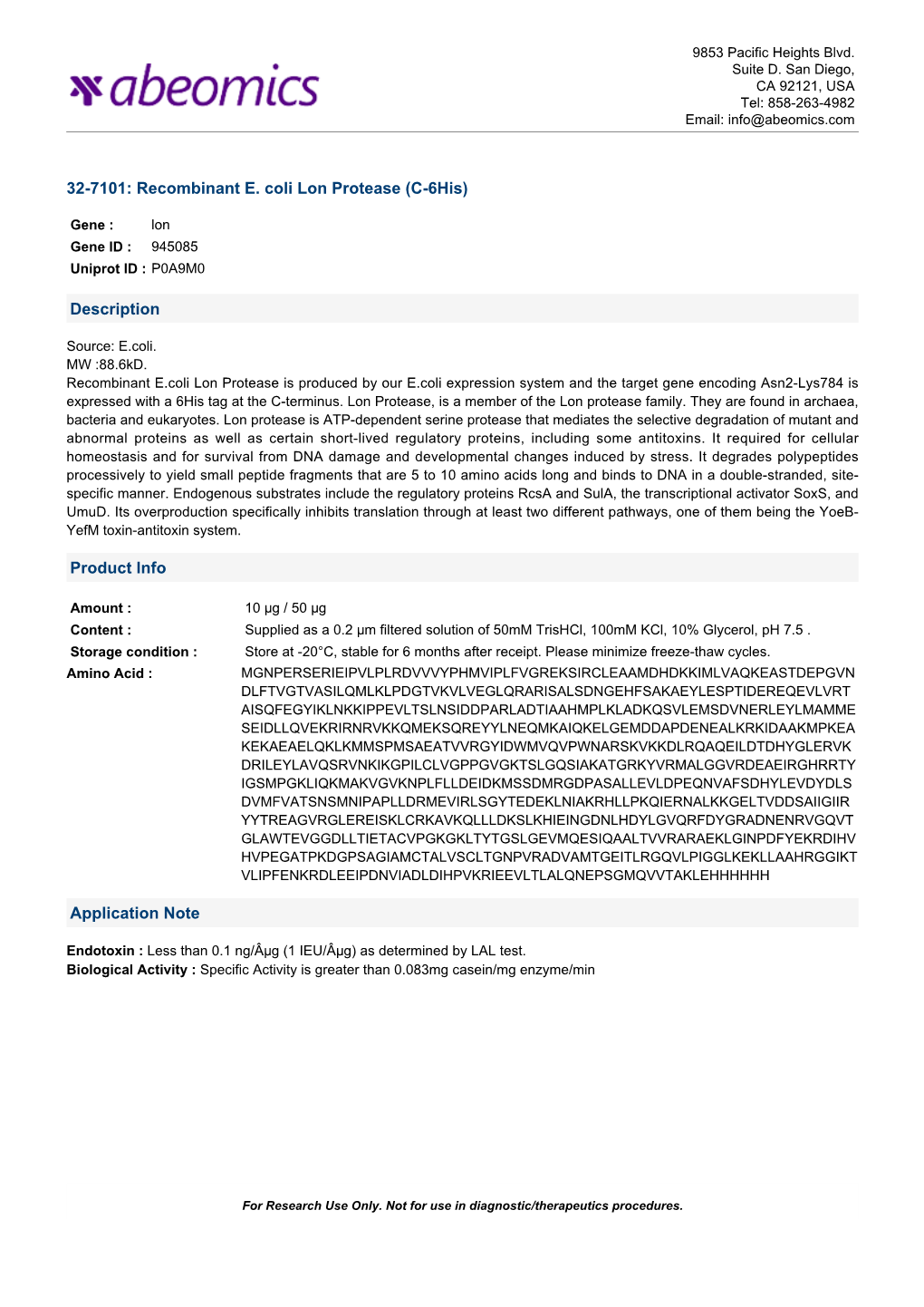 Recombinant E. Coli Lon Protease (C-6His)