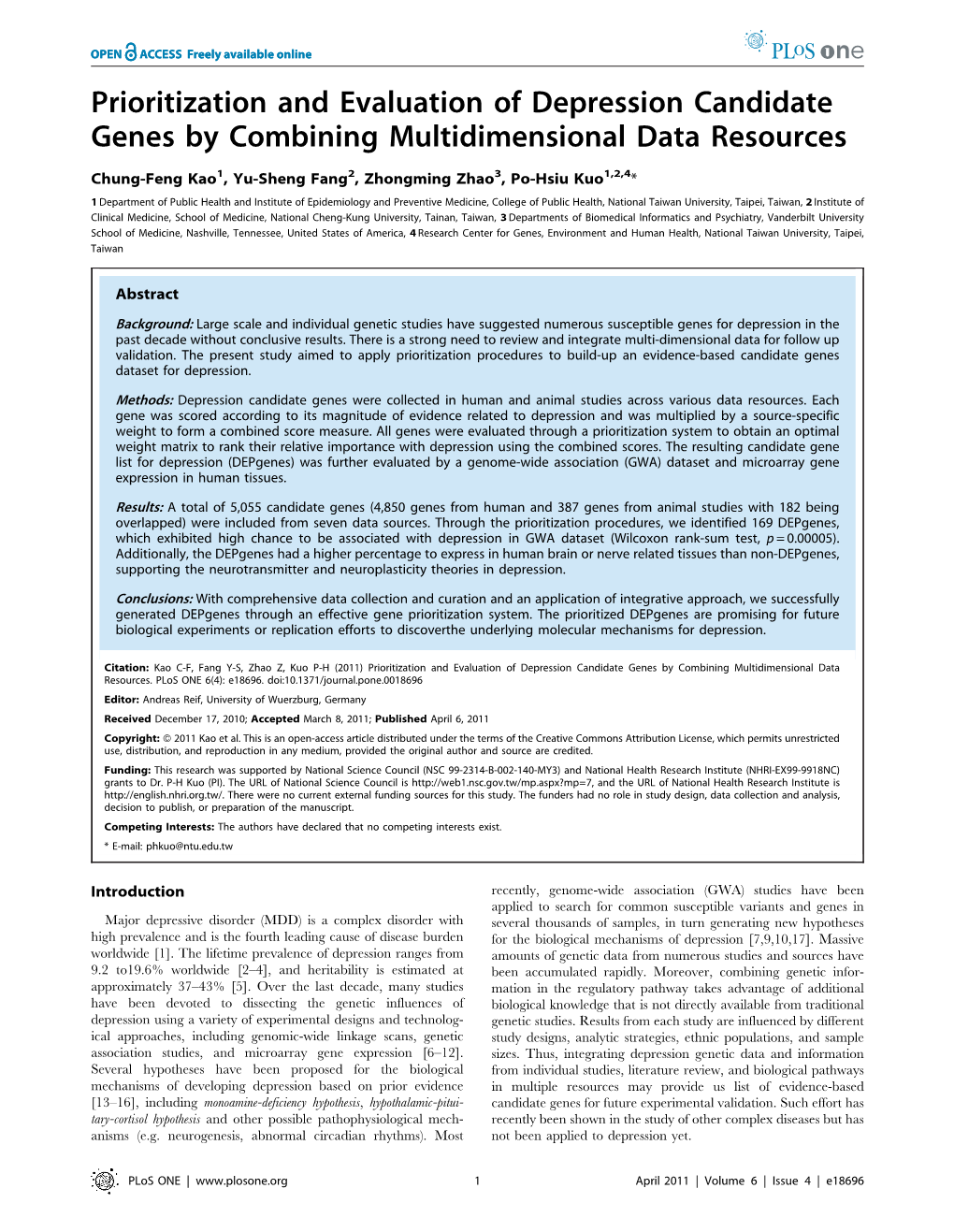 Prioritization and Evaluation of Depression Candidate Genes by Combining Multidimensional Data Resources