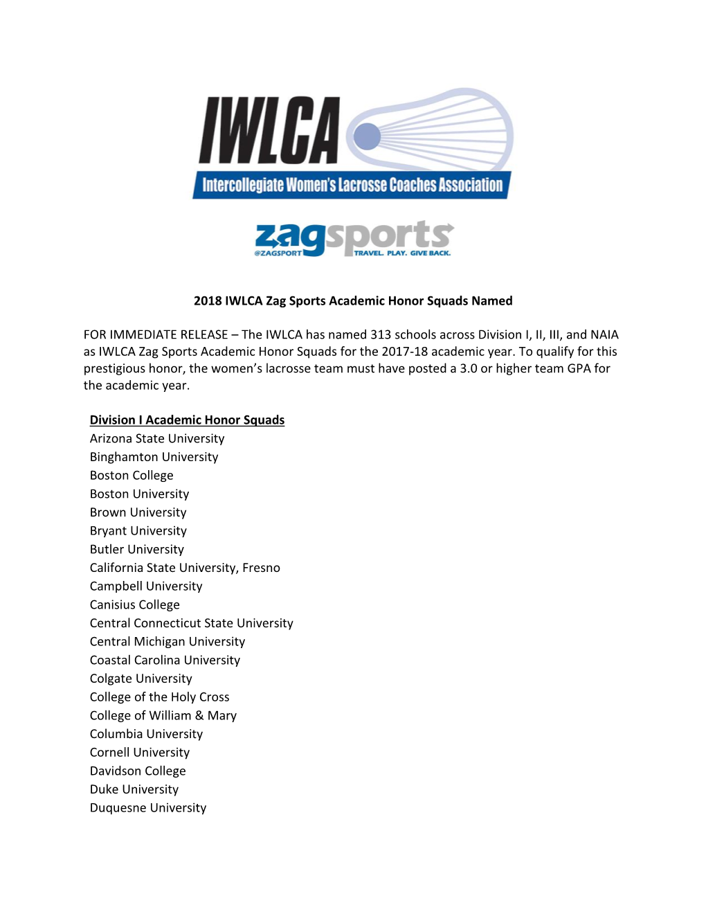 2018 IWLCA Zag Sports Academic Honor Squads Named