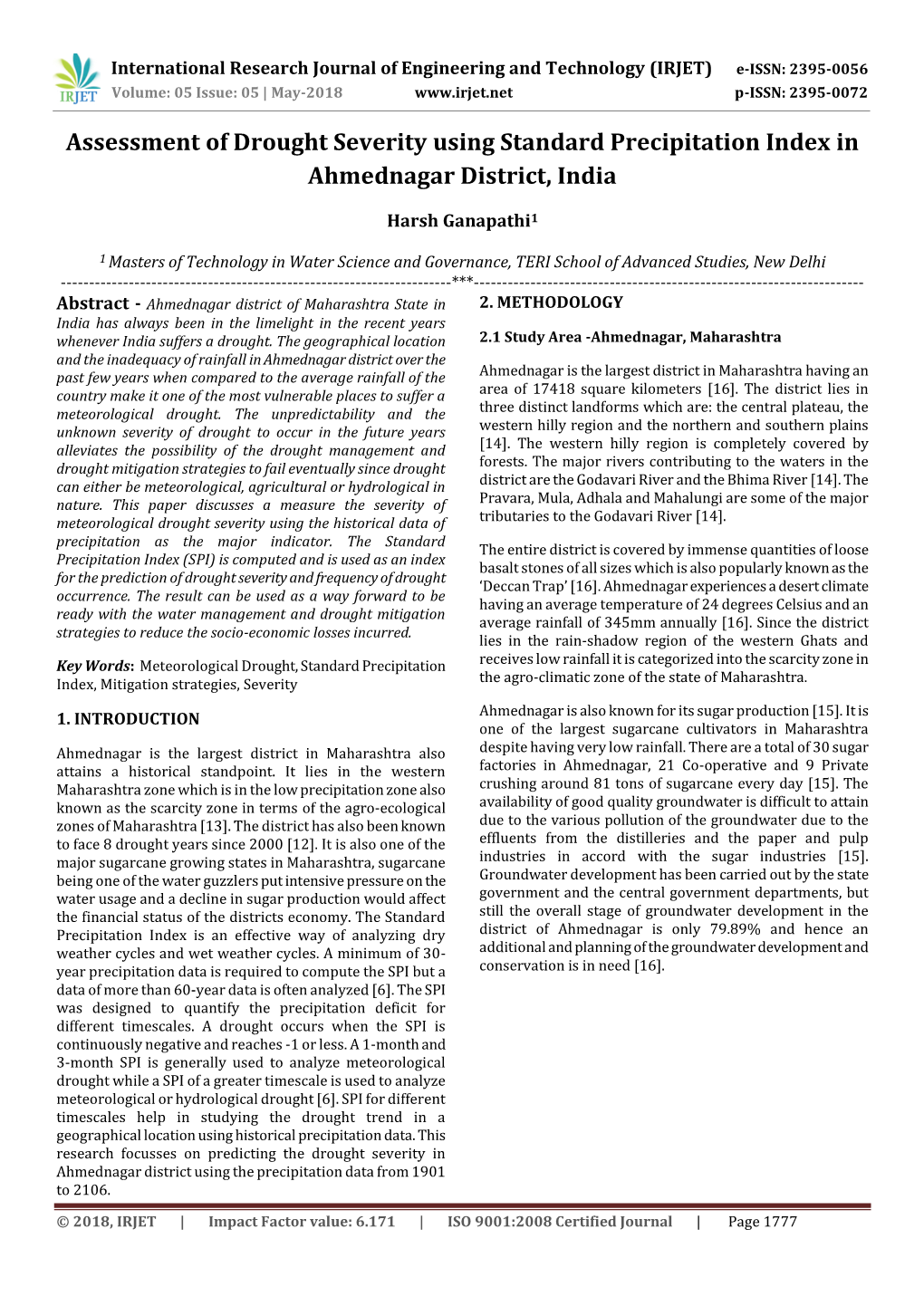 Assessment of Drought Severity Using Standard Precipitation Index in Ahmednagar District, India