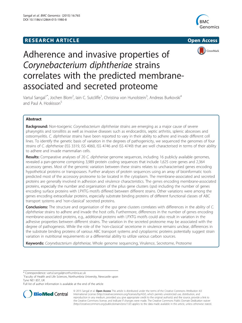 Corynebacterium Diphtheriae Strains Correlates with the Predicted Membrane- Associated and Secreted Proteome Vartul Sangal1*, Jochen Blom2, Iain C