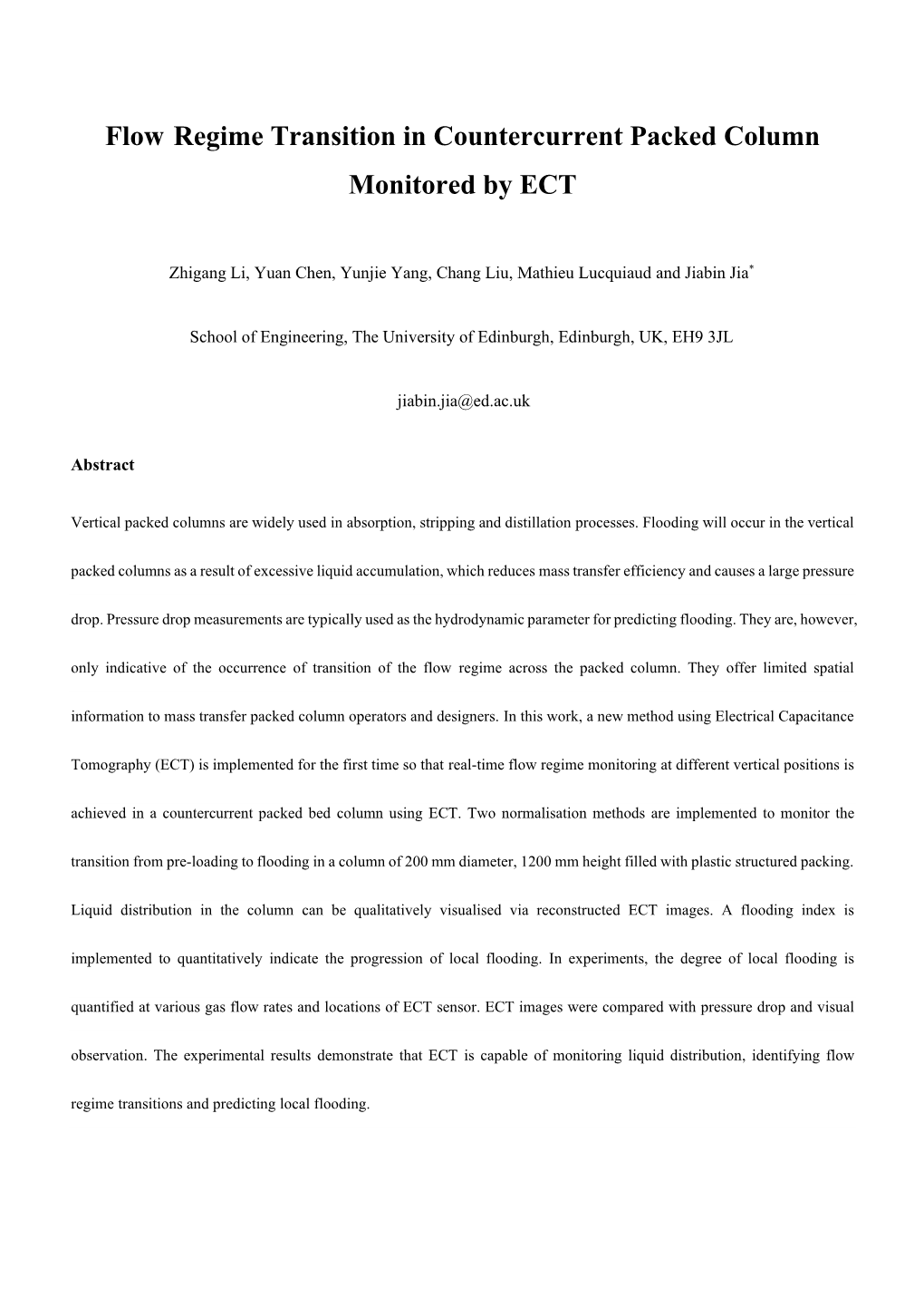 Flow Regime Transition in Countercurrent Packed Column Monitored by ECT