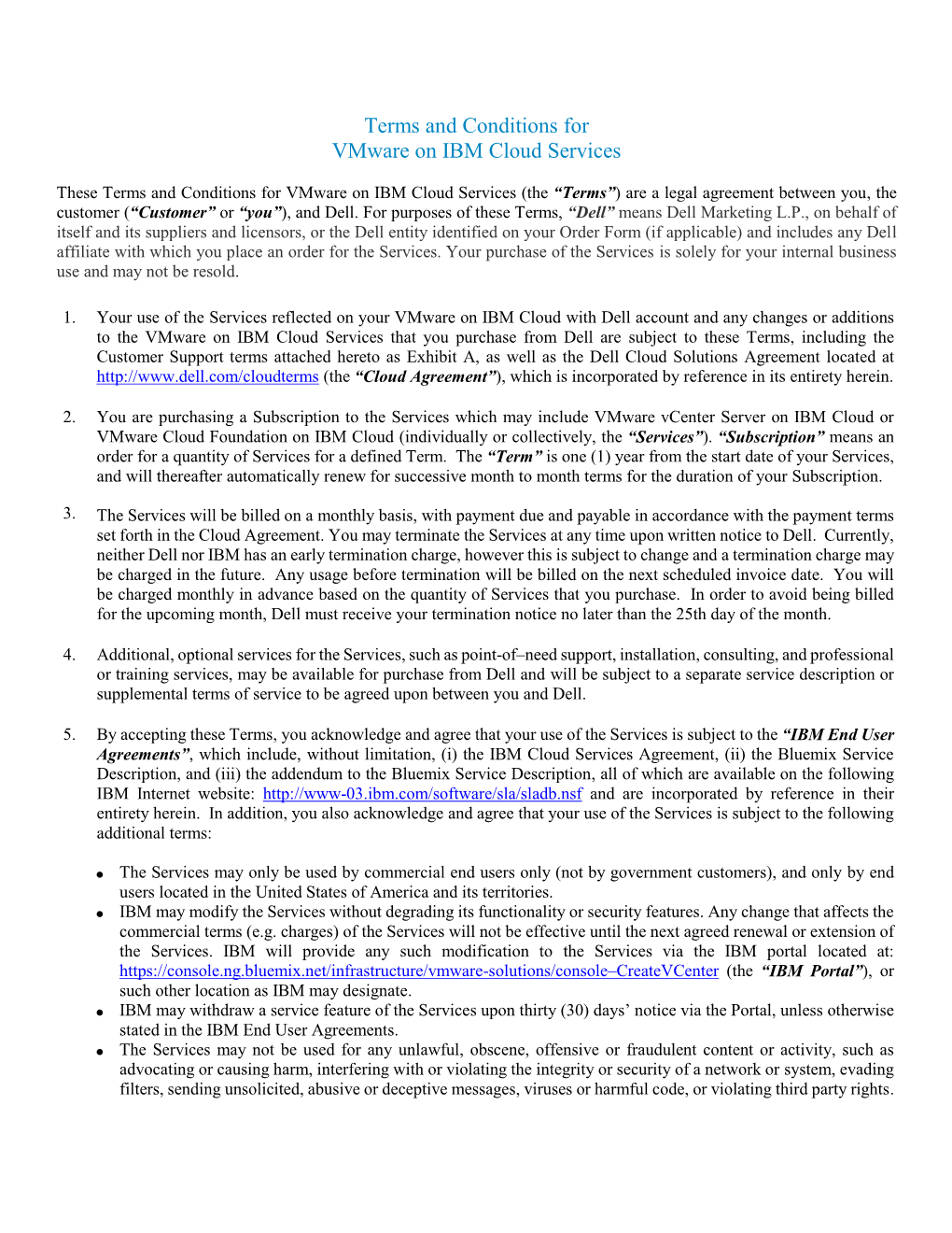 Terms and Conditions for Vmware on IBM Cloud Services