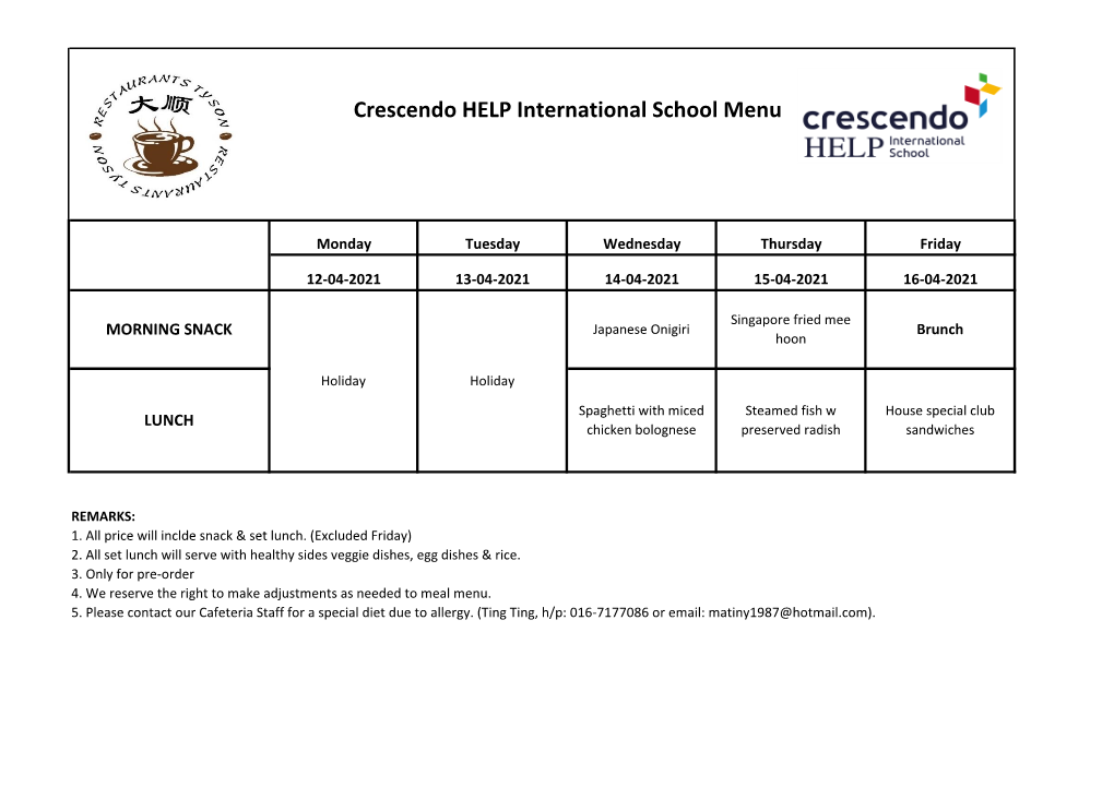 Crescendo HELP International School Menu