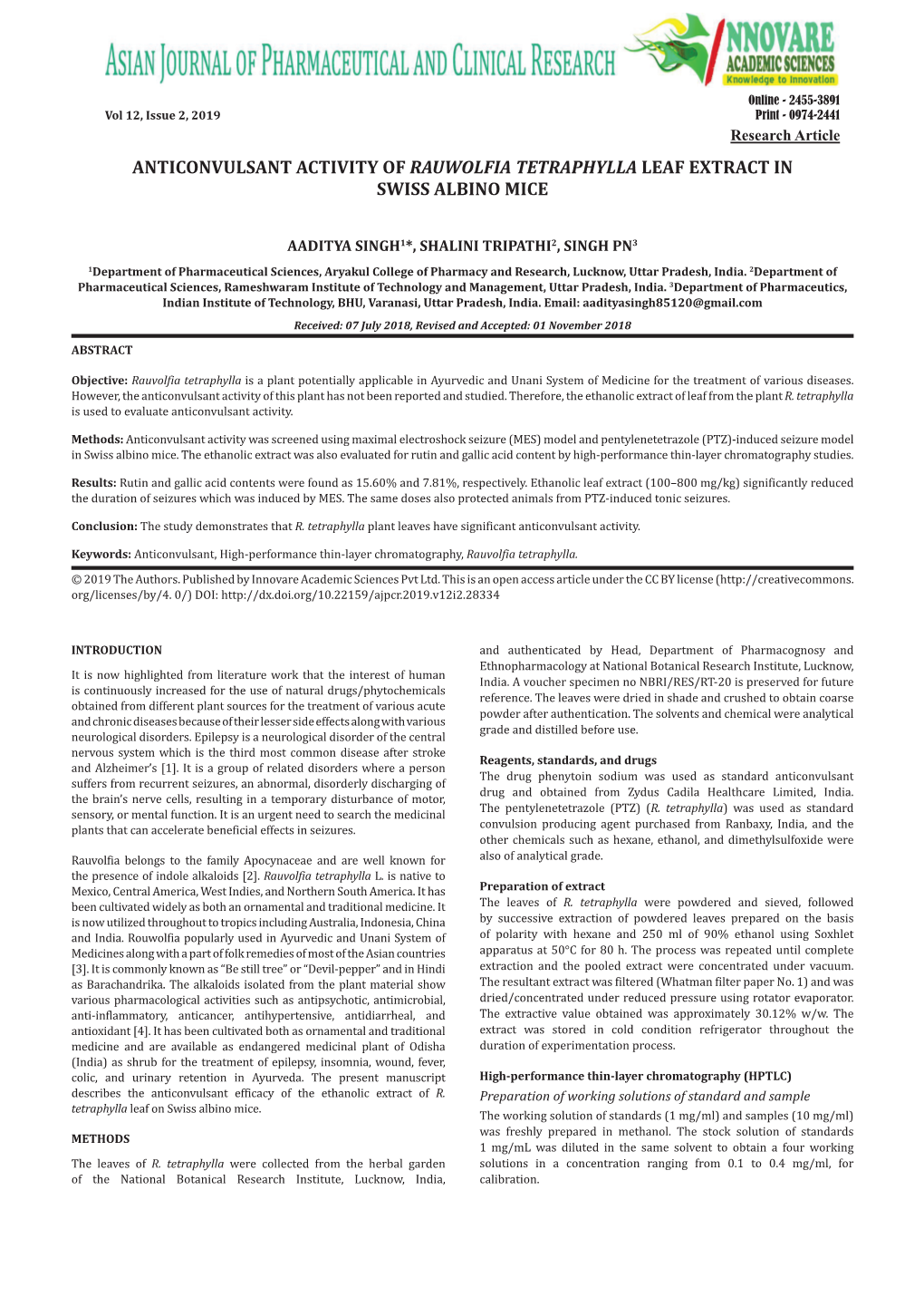 Anticonvulsant Activity of Rauwolfia Tetraphylla Leaf Extract in Swiss Albino Mice