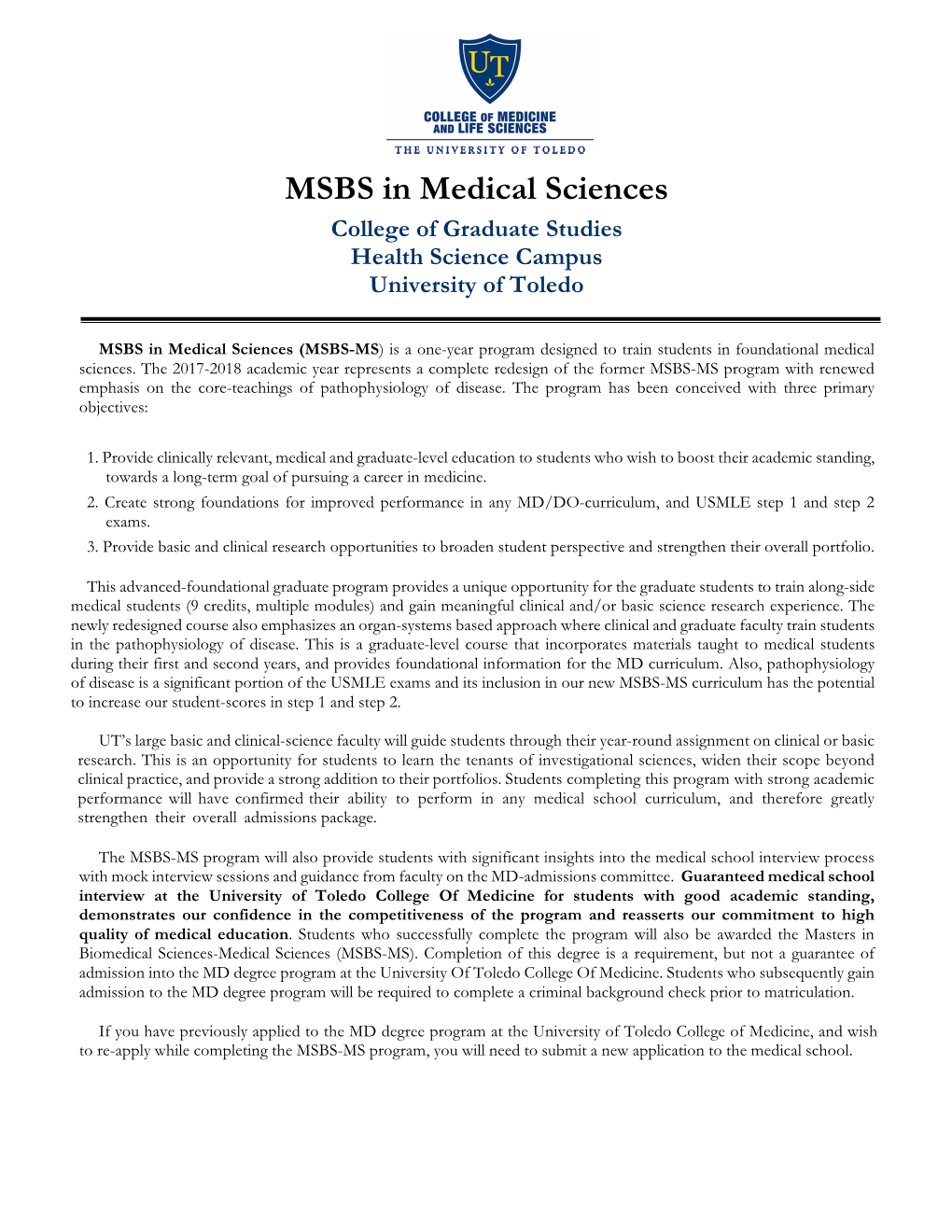 MSBS in Medical Sciences College of Graduate Studies Health Science Campus University of Toledo