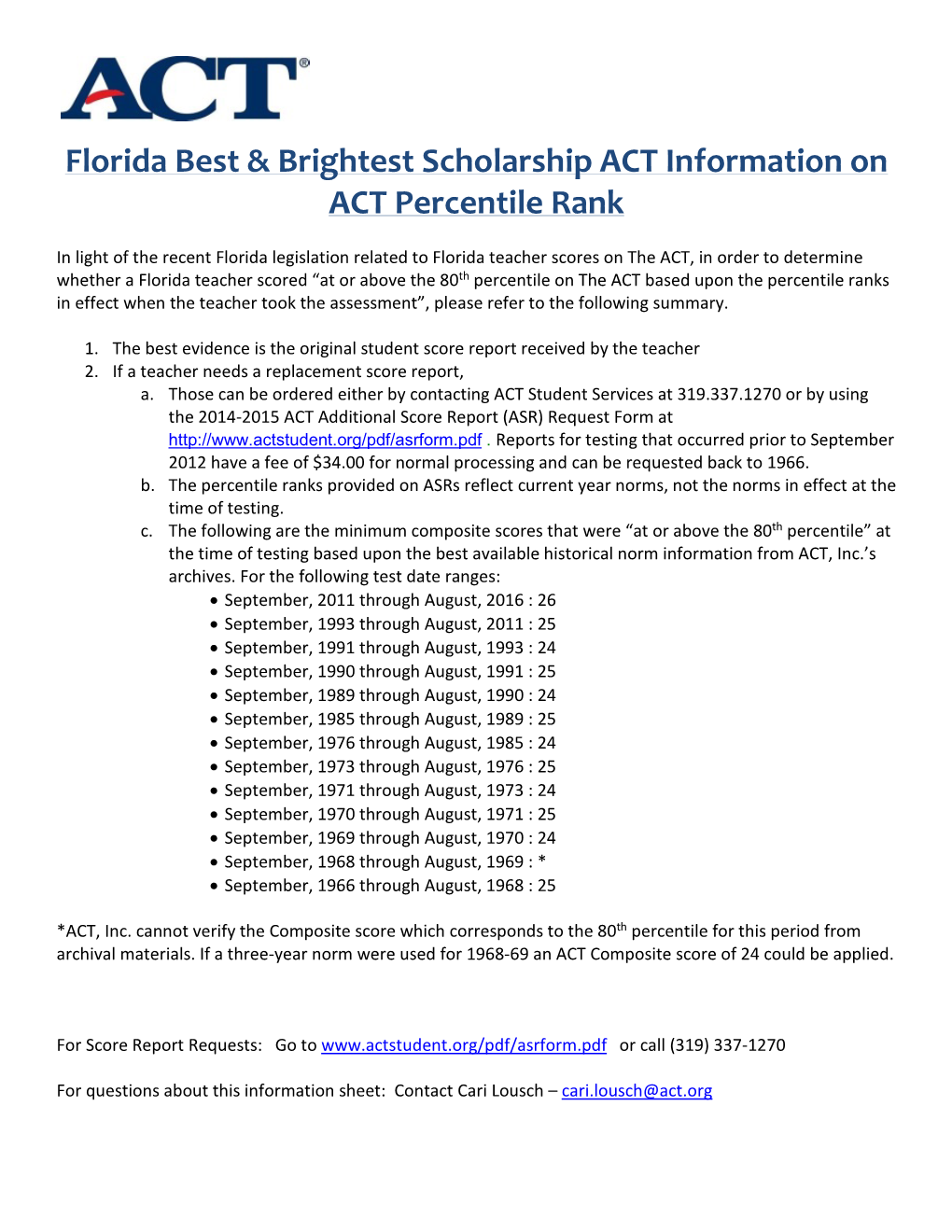Florida Best and Brightest Scholarship ACT Information on ACT Percentile