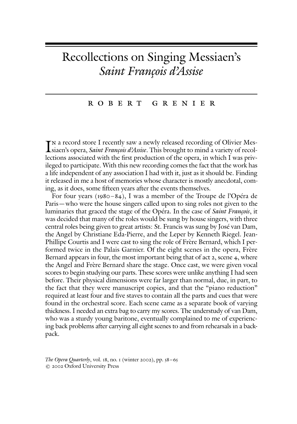 Recollections on Singing Messiaen's Saint Francois D'assise