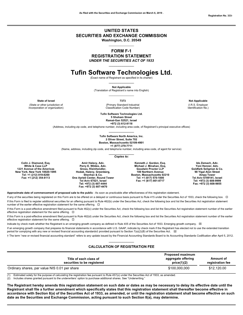 Tufin Software Technologies Ltd. (Exact Name of Registrant As Specified in Its Charter) ______Not Applicable (Translation of Registrant’S Name Into English) ______