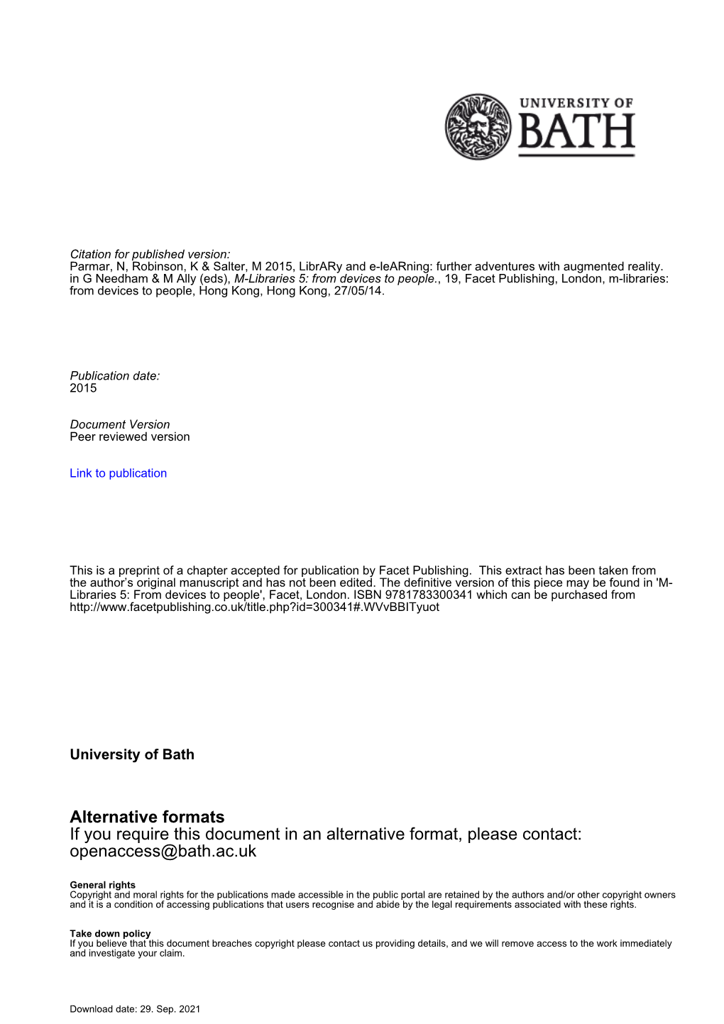 Alternative Formats If You Require This Document in an Alternative Format, Please Contact: Openaccess@Bath.Ac.Uk