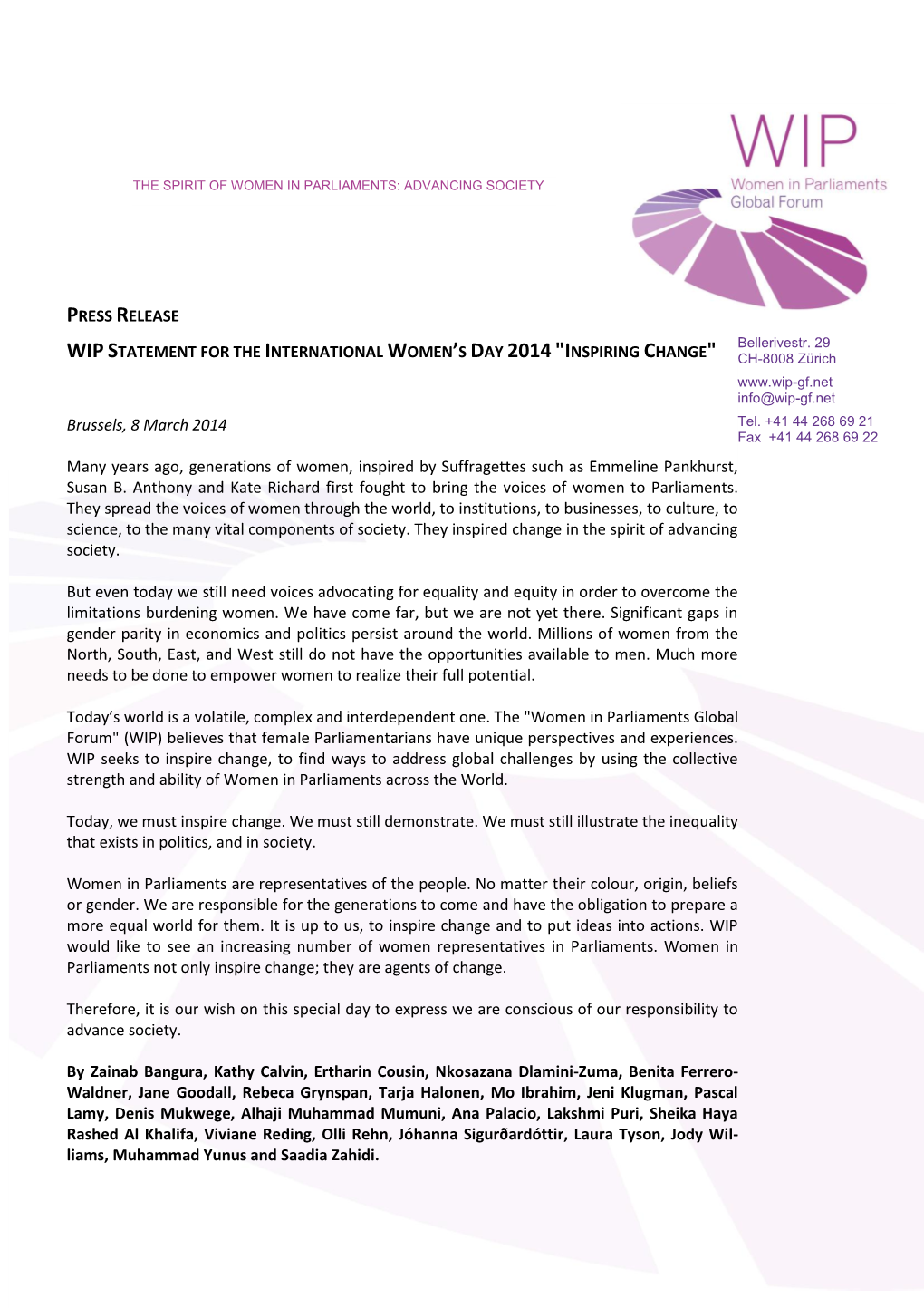 Press Release – WIP Statement for The