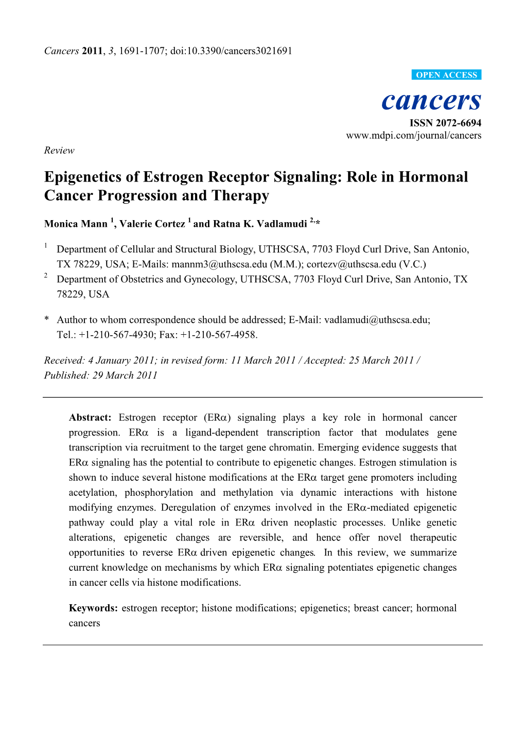 Epigenetics of Estrogen Receptor Signaling: Role in Hormonal Cancer Progression and Therapy