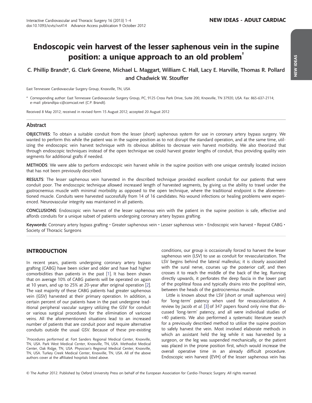 Endoscopic Vein Harvest of the Lesser Saphenous Vein in the Supine Position: a Unique Approach to an Old Problem†