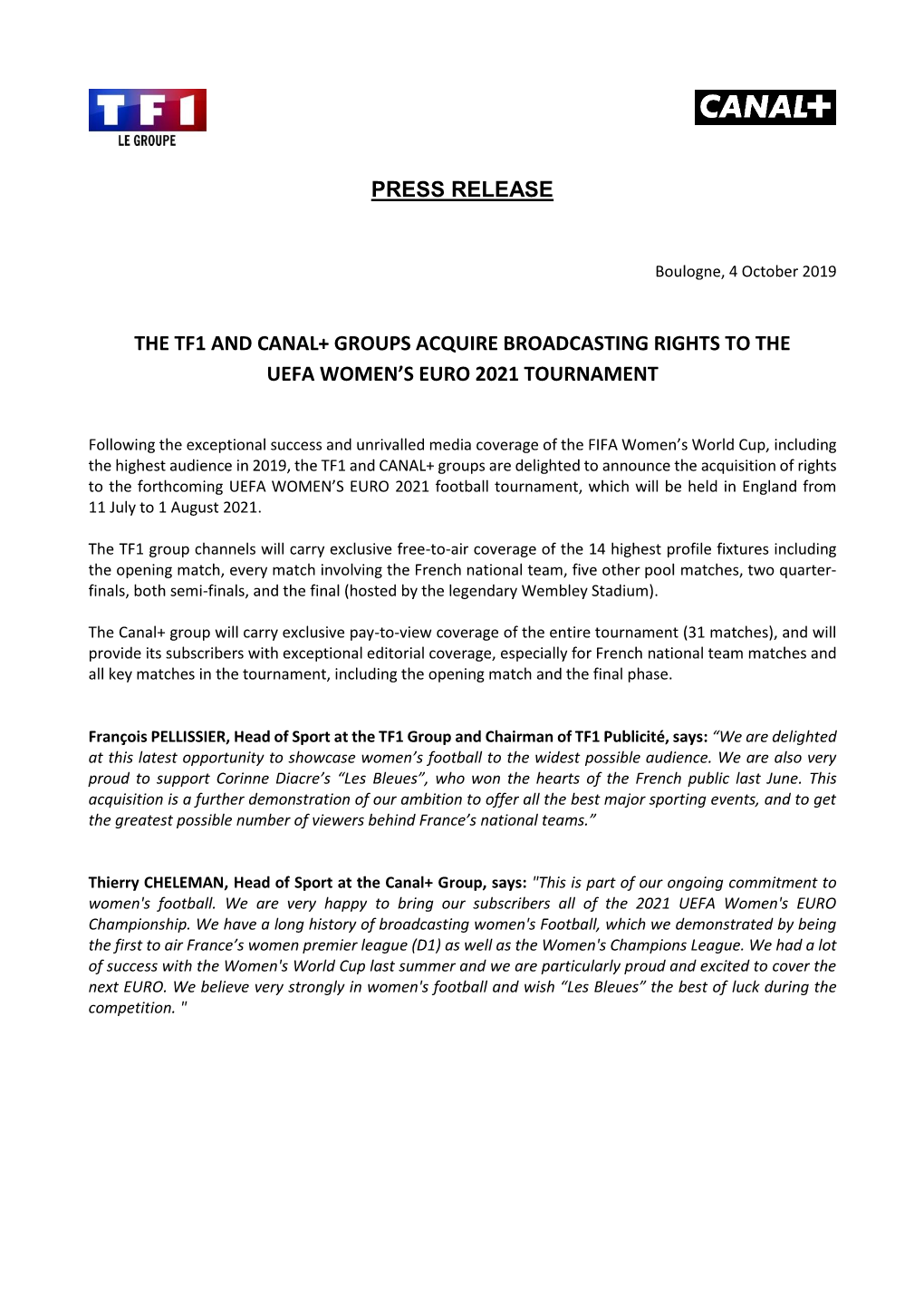 Press Release the Tf1 and Canal+ Groups Acquire