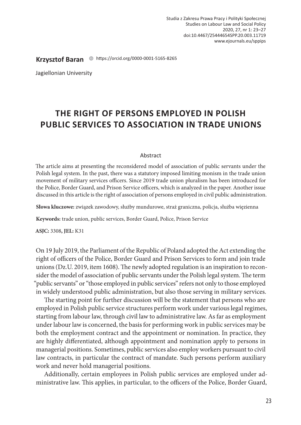 The Right of Persons Employed in Polish Public Services to Association in Trade Unions