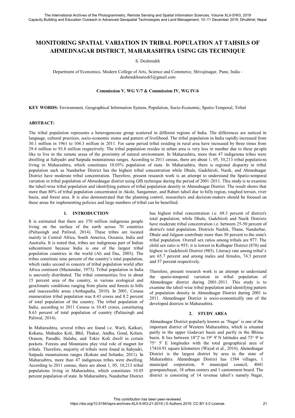 Monitoring Spatial Variation in Tribal Population at Tahsils of Ahmednagar District, Maharashtra Using Gis Technique