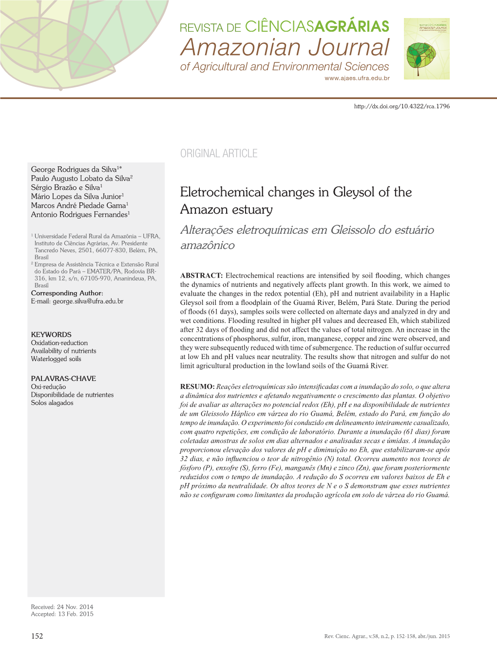 Eletrochemical Changes in Gleysol of the Amazon Estuary