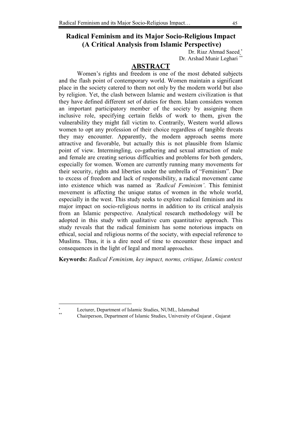 Radical Feminism and Its Major Socio-Religious Impact… 45 Radical Feminism and Its Major Socio-Religious Impact (A Critical Analysis from Islamic Perspective) Dr