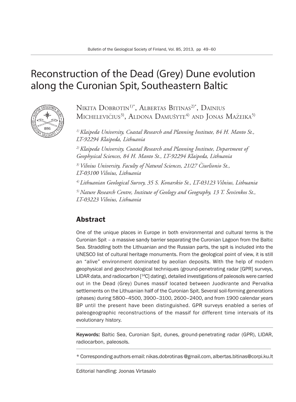 Reconstruction of the Dead (Grey) Dune Evolution Along the Curonian Spit, Southeastern Baltic