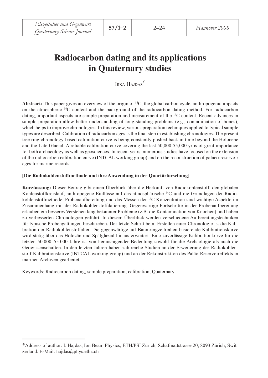 Radiocarbon Dating and Its Applications in Quaternary Studies