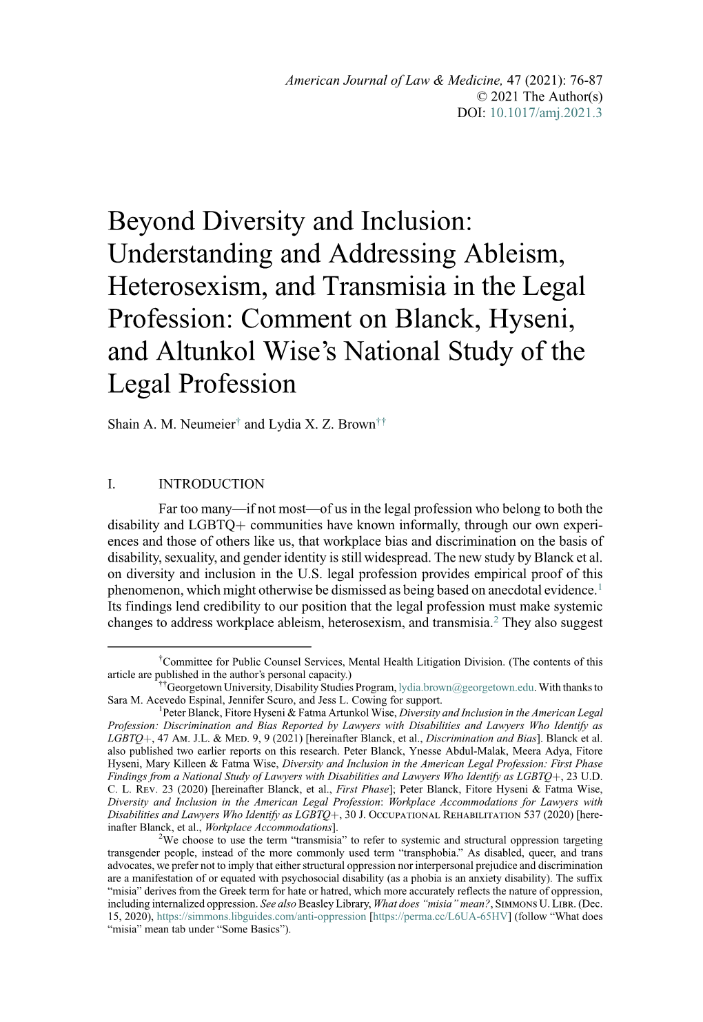 Beyond Diversity and Inclusion: Understanding and Addressing Ableism, Heterosexism, and Transmisia in the Legal Profession: Comm