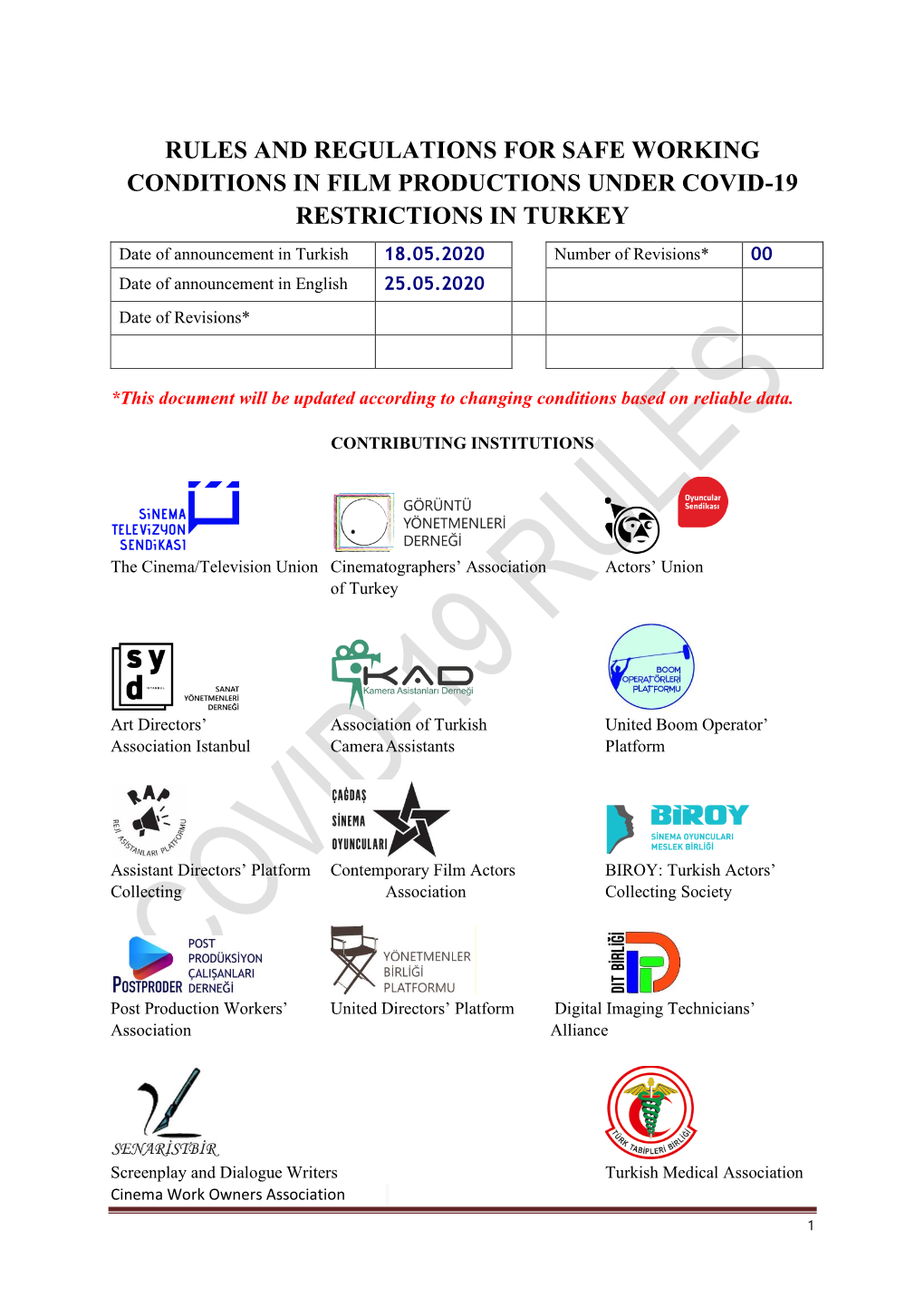 Rules and Regulations for Safe Working Conditions in Film Productions Under Covid-19 Restrictions in Turkey