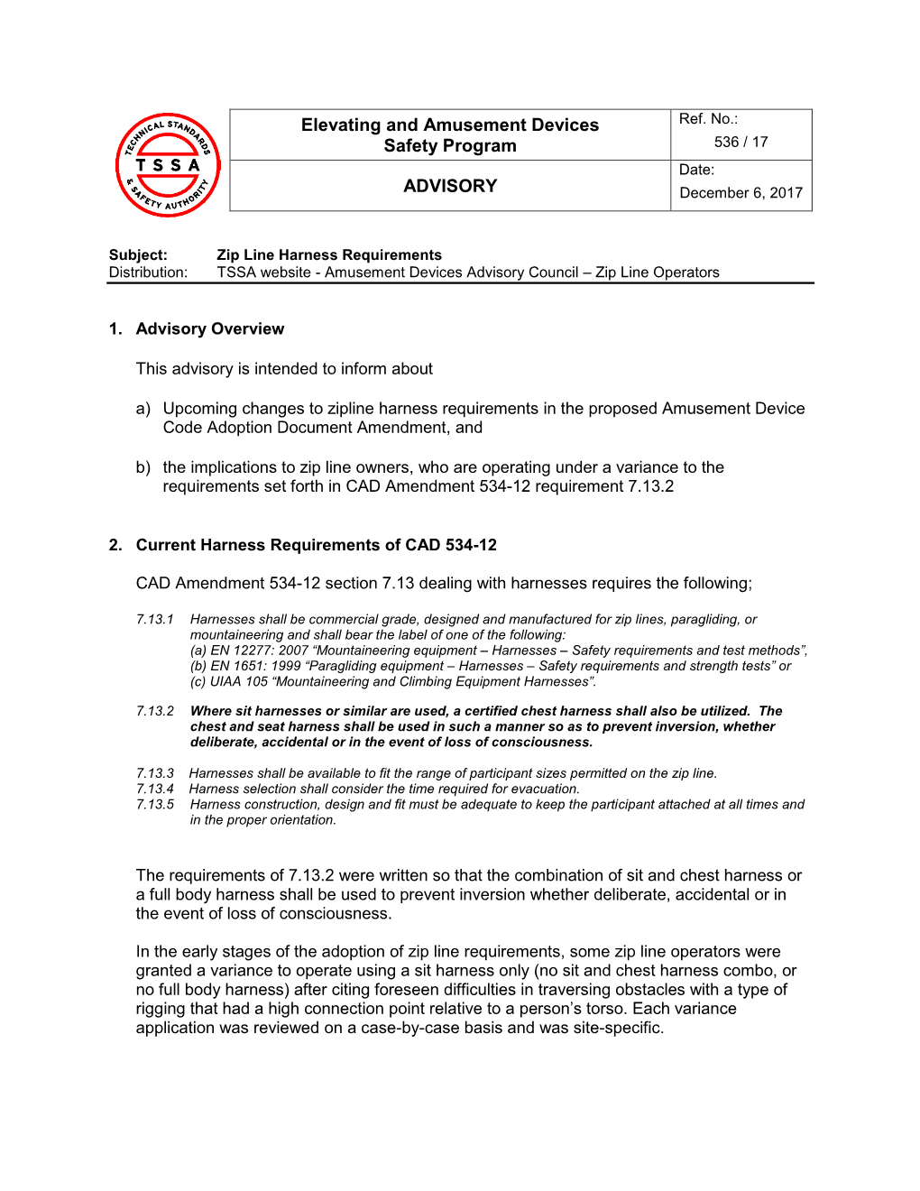 Elevating and Amusement Devices Safety Program ADVISORY