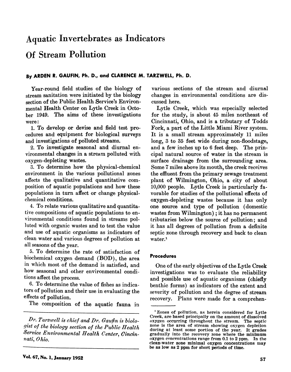 Aquatic Invertebrates As Indicators of Stream Pollution