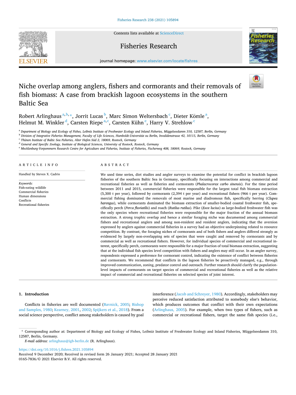 Niche Overlap Among Anglers, Fishers and Cormorants and Their Removals