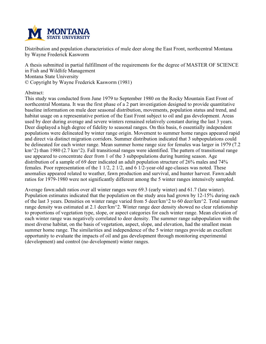 Distribution and Population Characteristics of Mule Deer Along