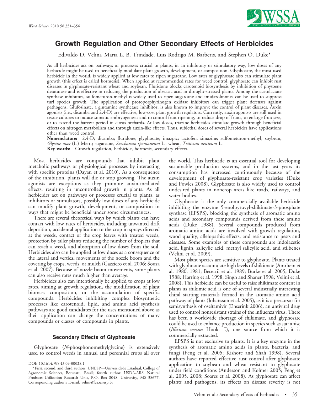 Growth Regulation and Other Secondary Effects of Herbicides Edivaldo D