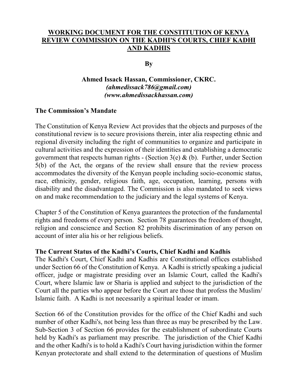 Working Document for the Constitution of Kenya Review Commission on the Kadhi's Courts, Chief Kadhi and Kadhis