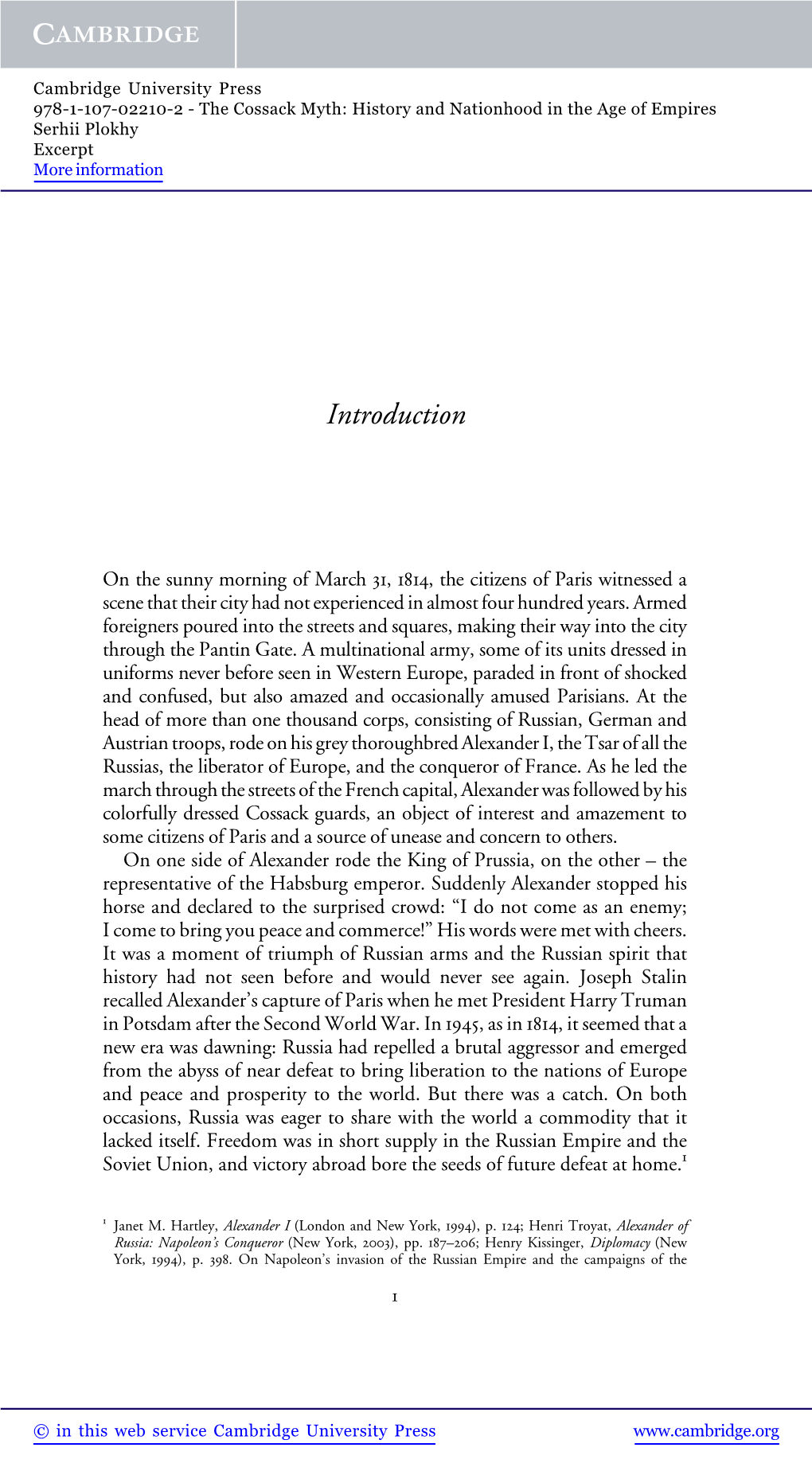 The Cossack Myth: History and Nationhood in the Age of Empires Serhii Plokhy Excerpt More Information