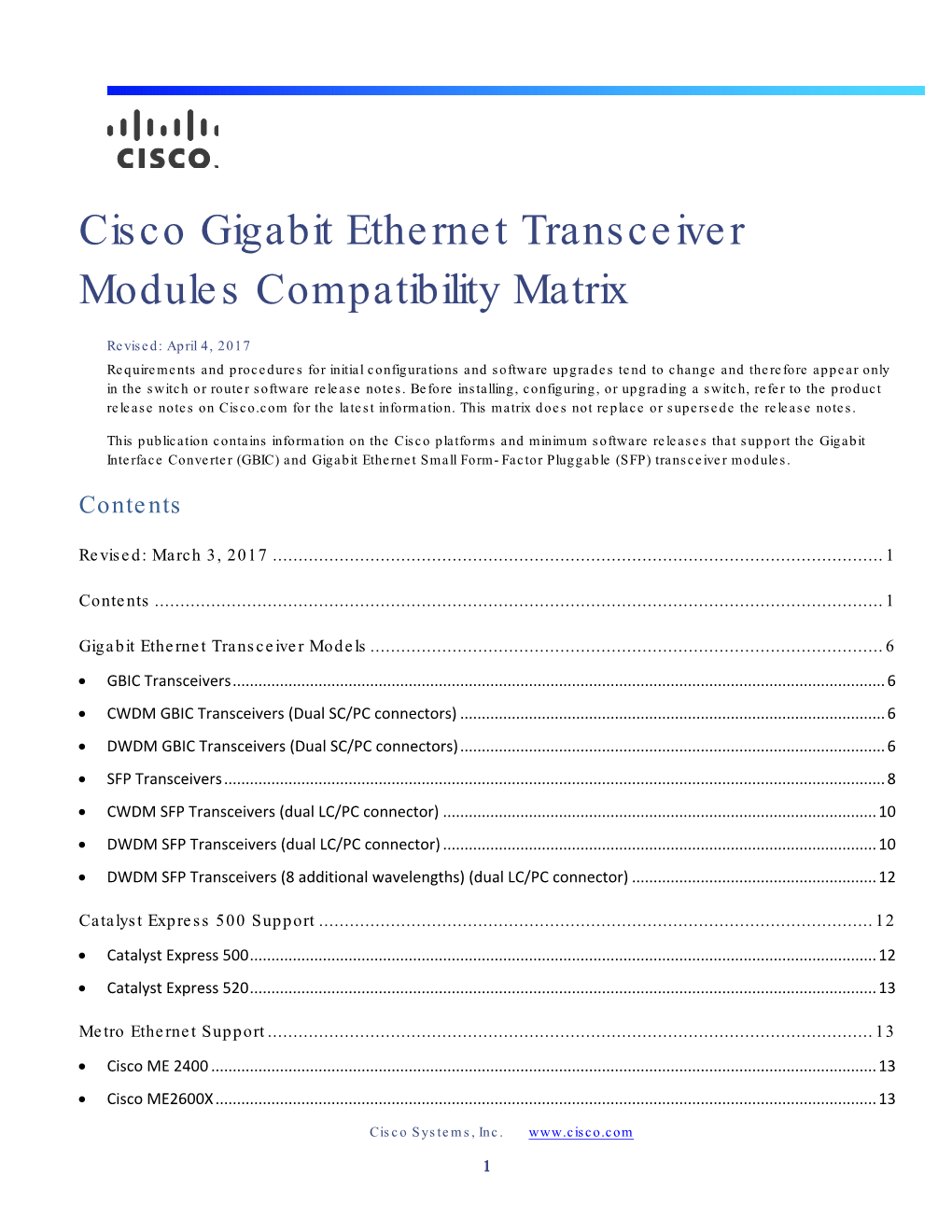 Cisco Gigabit Ethernet Transceiver Modules Compatibility Matrix