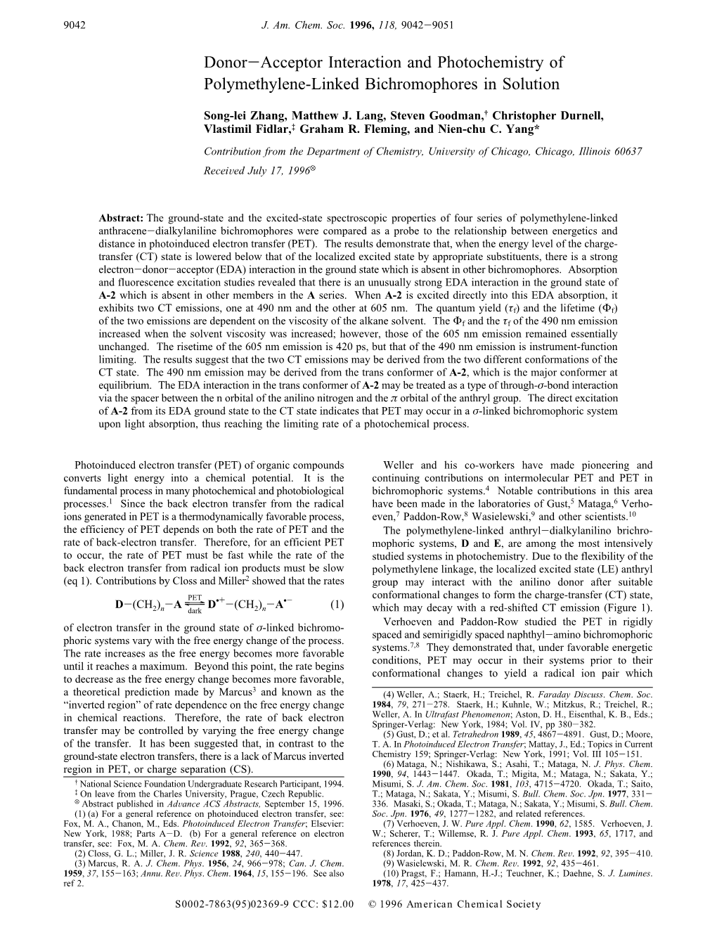 Donor-Acceptor Interaction and Photochemistry of Polymethylene-Linked Bichromophores in Solution